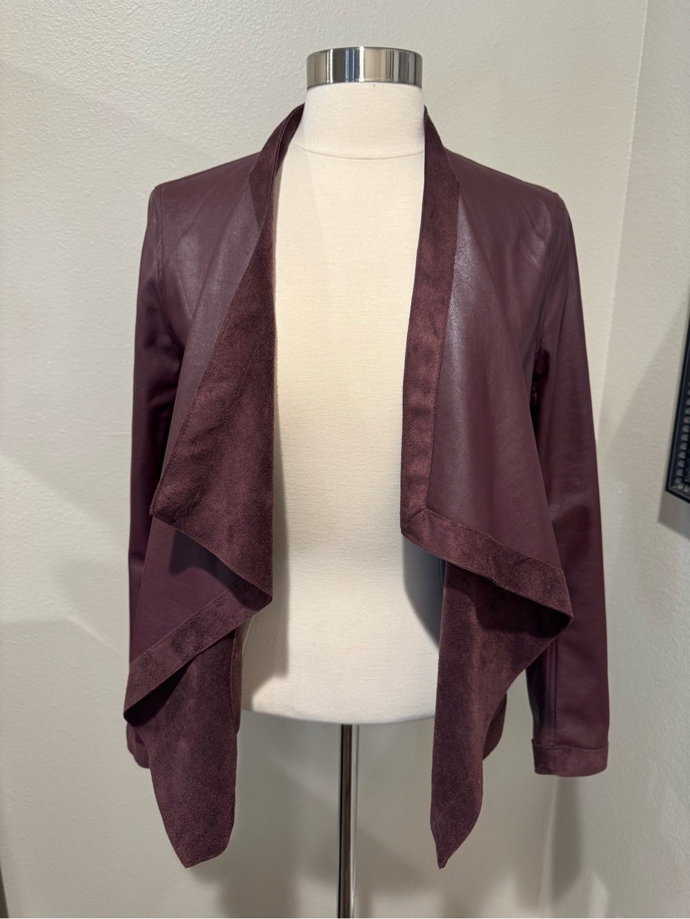 BB Dakota Draped Faux Leather Reversible Jacket in Burgundy